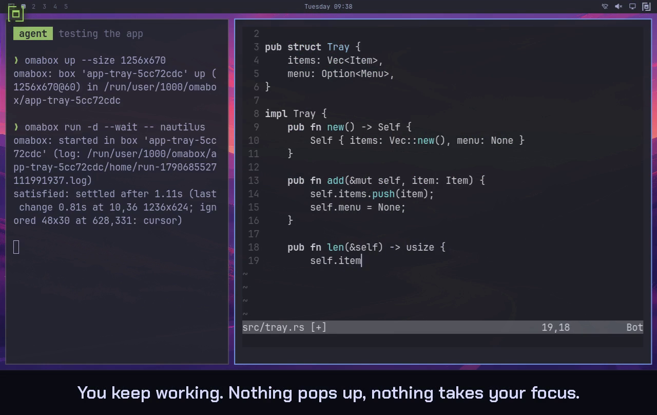 You keep coding while an agent starts its own box and tests an app in it: nothing pops up, nothing takes your focus